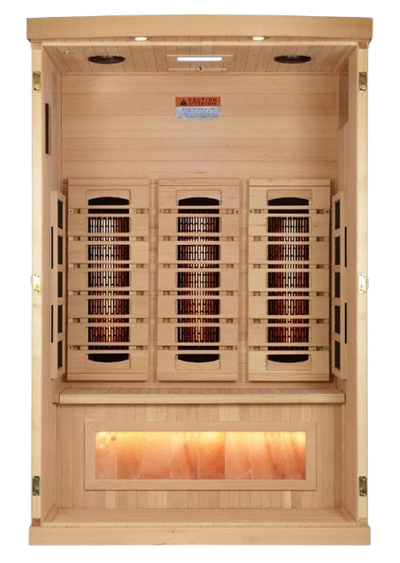 Front Centered Interior View Of The Golden Designs Reserve Edition 2-Person Full Spectrum EMF Indoor Sauna With Himalayan Salt Bar | GDI-8020-03