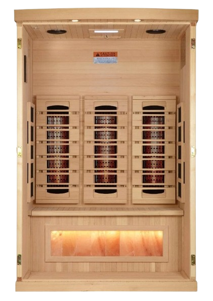 Front Centered Interior View Of The Golden Designs Reserve Edition 2-Person Full Spectrum EMF Indoor Sauna With Himalayan Salt Bar | GDI-8020-03