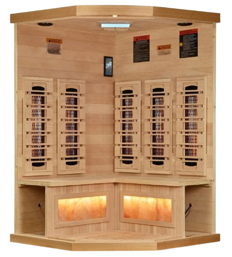 Front Centered Interior View Of The Golden Designs Reserve Edition 3-Person Full Spectrum EMF Corner Indoor Sauna With Himalayan Salt Bar | GDI-8035-03