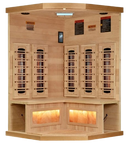 Front Centered Interior View Of The Golden Designs Reserve Edition 3-Person Full Spectrum EMF Corner Indoor Sauna With Himalayan Salt Bar | GDI-8035-03