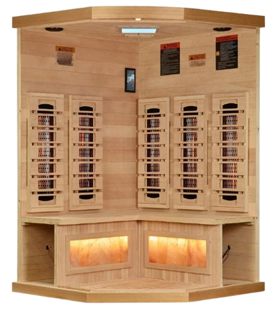 Front Centered Interior View Of The Golden Designs Reserve Edition 3-Person Full Spectrum EMF Corner Indoor Sauna With Himalayan Salt Bar | GDI-8035-03