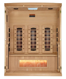 Front Centered Interior View Of The Golden Designs Reserve Edition 3-Person Full Spectrum EMF Indoor Sauna With Himalayan Salt Bar | GDI-8030-03