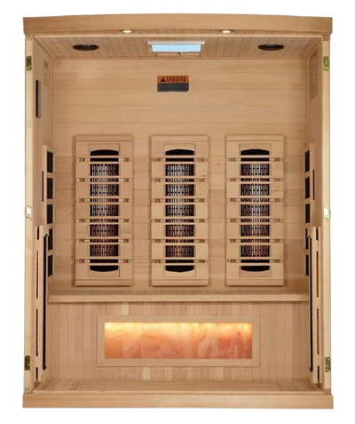 Front Centered Interior View Of The Golden Designs Reserve Edition 3-Person Full Spectrum EMF Indoor Sauna With Himalayan Salt Bar | GDI-8030-03