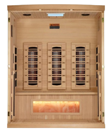 Front Centered Interior View Of The Golden Designs Reserve Edition 3-Person Full Spectrum EMF Indoor Sauna With Himalayan Salt Bar | GDI-8030-03