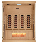 Front Centered Interior View Of The Golden Designs Reserve Edition 4-Person Full Spectrum EMF Indoor Sauna With Himalayan Salt Bar | GDI-8040-03 
