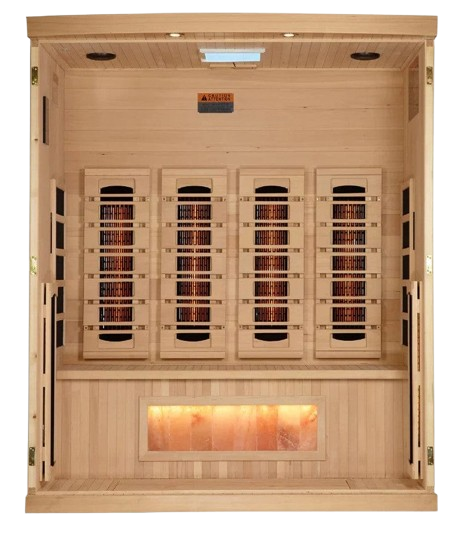 Front Centered Interior View Of The Golden Designs Reserve Edition 4-Person Full Spectrum EMF Indoor Sauna With Himalayan Salt Bar | GDI-8040-03 