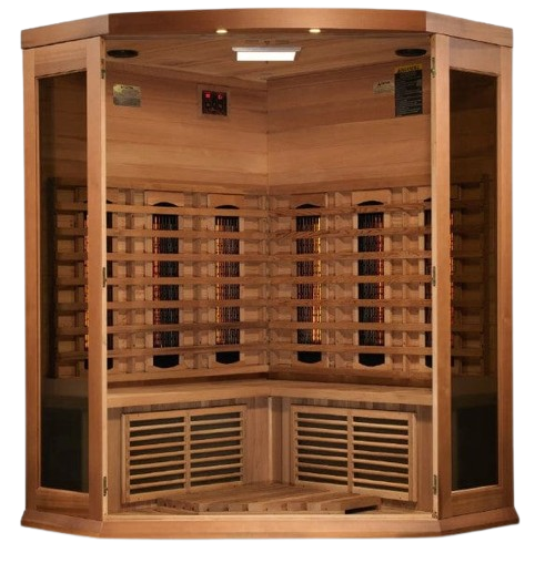 Front Centered Interior View Of The Maxxus 3-Person Full Spectrum Near Zero EMF Infrared Indoor Corner Sauna | MX-M356-01-FS CED