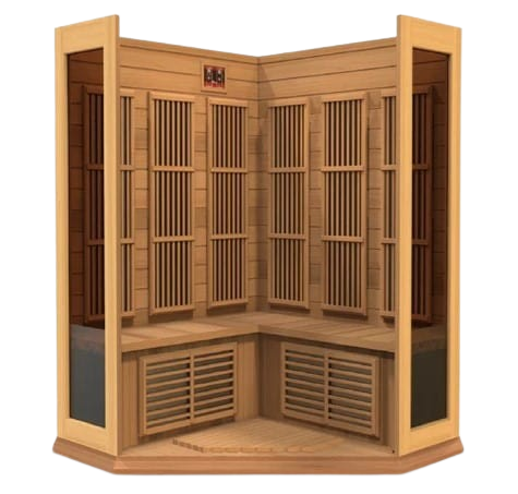 Front Centered Interior View Of The Maxxus 3-Person Near Zero EMF FAR Infrared Corner Indoor Sauna | MX-K356-01-ZF-CED