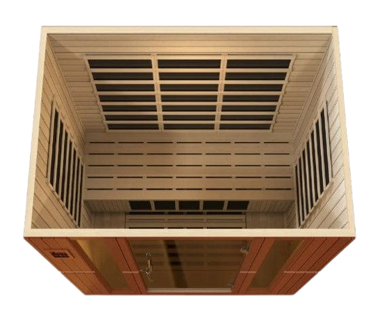 Front Centered Overhead Interior View Of The Dynamic Bergamo 4-Person Low EMF FAR Infrared Indoor Sauna | DYN-6440-01