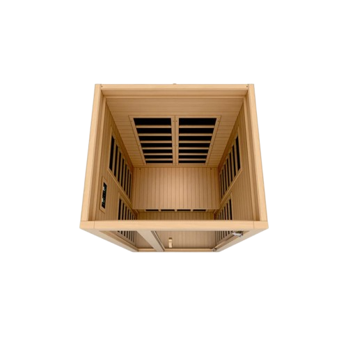 Front Centered Overhead Interior View Of The Dynamic Gracia 2 Person Ultra Low EMF FAR Infrared Indoor Sauna | DYN-6119-01 Elite