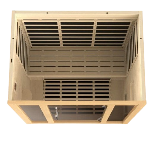 Front Centered Overhead Interior View Of The Dynamic Vila 3-Person Ultra Low EMF FAR Infrared Indoor Sauna | DYN-6315-02