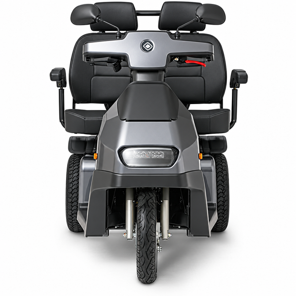 Front Centered View Of The AFIKIM Afiscooter S3 Scooter With Optional Dual Seat Configuration Shown In Dark Gray Color