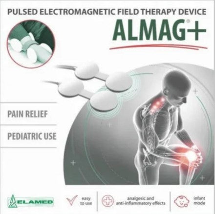 Front Centered View Of The ALMAG+ Pulsed Electromagnetic Field Therapy Device Packaging Box, Featuring White And Gray With Green And Red Text And Graphics