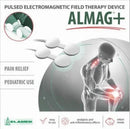 Front Centered View Of The ALMAG+ Pulsed Electromagnetic Field Therapy Device Packaging Box, Featuring White And Gray With Green And Red Text And Graphics