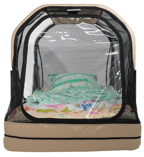 Front Centered View Of The Abram's Nation Safety Sleeper 300 Model Shown In Shimmering Sand Color With Children's Bedding