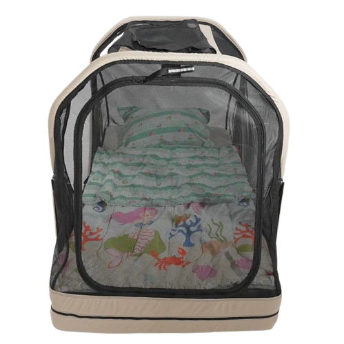 Front Centered View Of The Abram's Nation Safety Sleeper 400 Model Shown In A Closed Tent Configuration With Children's Bedding Sheets Inside In Shimmering Sand Color