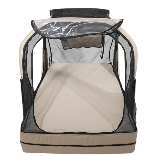 Front Centered View Of The Abram's Nation Safety Sleeper 400 Model Shown In An Open Tent Configuration In Shimmering Sand Color