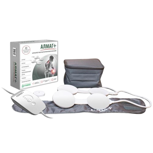Front Centered View Of The Almagia International ALMAG+ PEMF Therapy Device With Packaging Box And Carrying Case