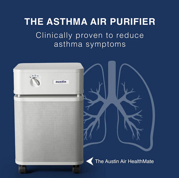 Front Centered View Of The Austin Air Systems HealthMate Standard Air Purifier Shown In Sandstone Color With Text On A Dark Blue Background Highlighting That It's Proven To Reduce Asthma Symptoms Shown With A Stylized Lungs Graph 