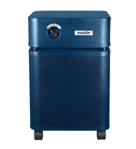 Front Centered View Of The Austin Air Systems HealthMate Standard Air Purifier Shown In The Midnight Blue Color