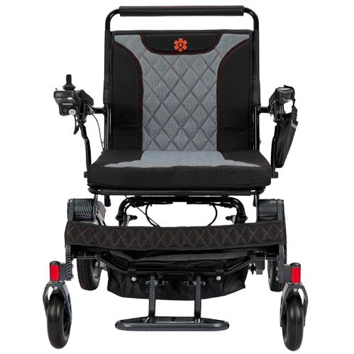 Front Centered View Of The Bangeran Mammoth EX Automatic Folding Electric Wheelchair Shown In Black And Orange Color