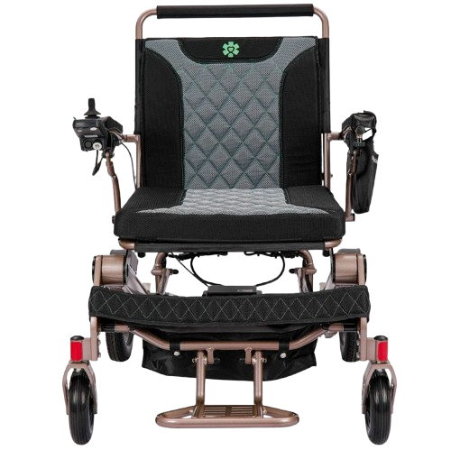 Front Centered View Of The Bangeran Mammoth EX Automatic Folding Electric Wheelchair Shown In Brown And Teal Color