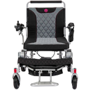 Front Centered View Of The Bangeran Mammoth EX Automatic Folding Electric Wheelchair Shown In Silver And Red Color