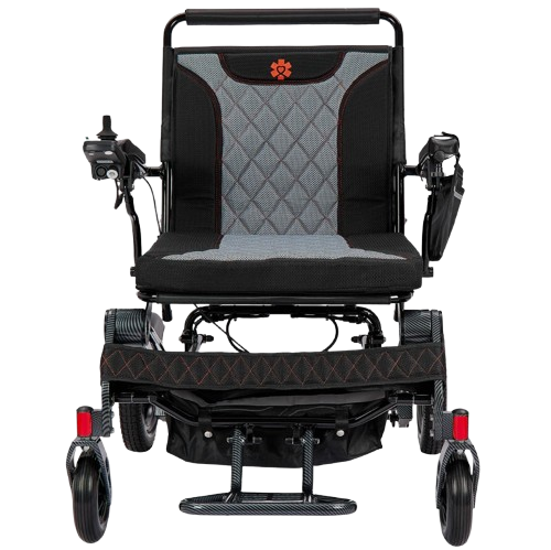 Front Centered View Of The Bangeran Mammoth EX Electric Wheelchair Shown In Black And Orange Color
