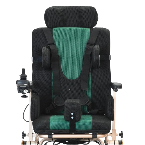 Front Centered View Of The Bangeran Pegasus Cerebral Palsy Kids Electric Wheelchair Shown In Green Color