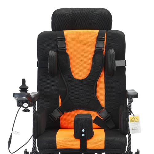 Front Centered View Of The Bangeran Pegasus Cerebral Palsy Kids Electric Wheelchair Shown In Orange Color