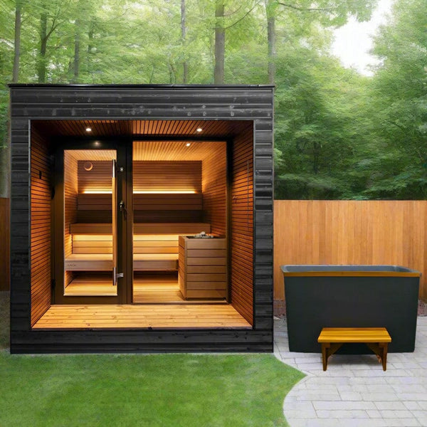 Front Centered View Of The Dynamic Cuboid Cold Plunge Tub And Sauna Shown In An Outdoor Setting
