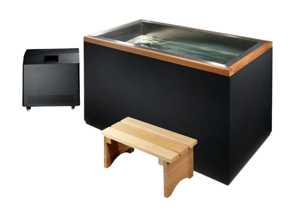 Front Centered View Of The Dynamic Cuboid Cold Plunge Tub Shown With Chiller