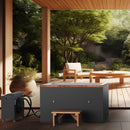 Front Centered View Of The Dynamic Cuboid Cold Plunge Tub Shown With Chiller In An Outdoor Setting Under A Wooden Cover