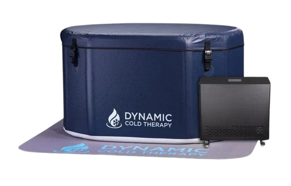 Front Centered View Of The Dynamic Oval Inflatable Cold Plunge Shown With Cover And Chiller