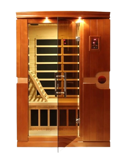 Front Centered View Of The Dynamic Venice 2-Person Low EMF FAR Infrared Indoor Sauna | DYN-6210-01 Shown With Door Ajar
