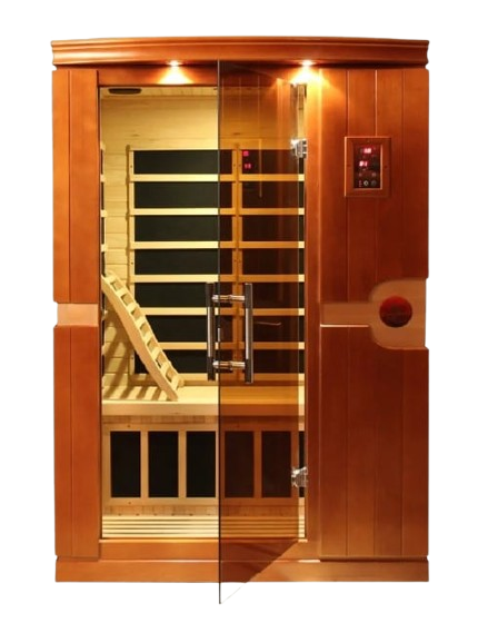 Front Centered View Of The Dynamic Venice Elite 2-Person Ultra Low EMF FAR Infrared Indoor Sauna | DYN-6210-01-Elite Shown With Door Ajar