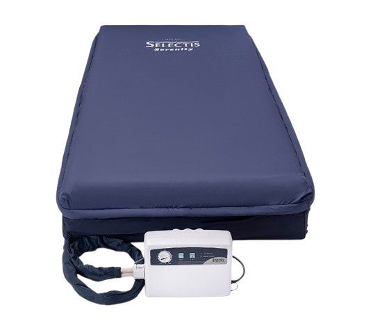 Front Centered View Of The Emerald Selectis Serenity Alternating Pressure LAL Mattress System Cell on Cell Shown With Cover Closed And Control Box