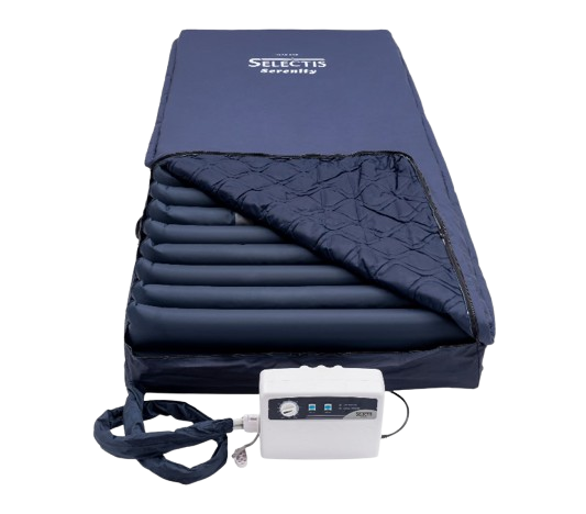 Front Centered View Of The Emerald Selectis Serenity Alternating Pressure LAL Mattress System Cell on Cell Shown With Cover Open And Control Box