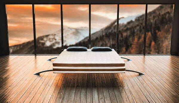 Front Centered View Of The Eurolux Lux By Naturalia: The 6-Layer Luxury Mattress Crafted By Masters Shown On A Luxury Platform Bed Frame In A Bedroom Setting Overlooking The Mountains