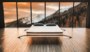 Front Centered View Of The Eurolux Lux By Naturalia: The 6-Layer Luxury Mattress Crafted By Masters Shown On A Luxury Platform Bed Frame In A Bedroom Setting Overlooking The Mountains