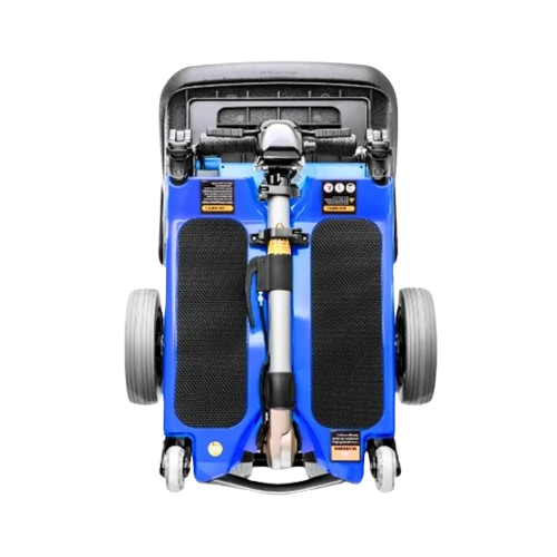 Front Centered View Of The FreeRiderUSA Luggie Elite Folding Mobility Scooter Shown In The Blue Color In The Folded Position