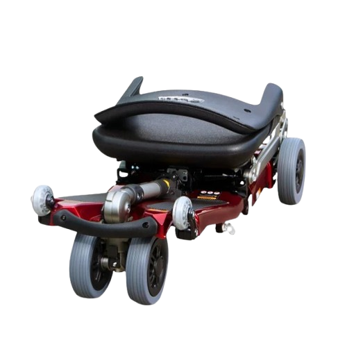 Front Centered View Of The FreeRiderUSA Luggie Standard Folding Mobility Scooter Shown In The Flat Folded Position In The Red Color