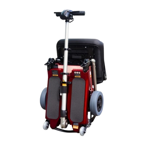 Front Centered View Of The FreeRiderUSA Luggie Standard Folding Mobility Scooter Shown In The Folded Upright Position In The Red Color
