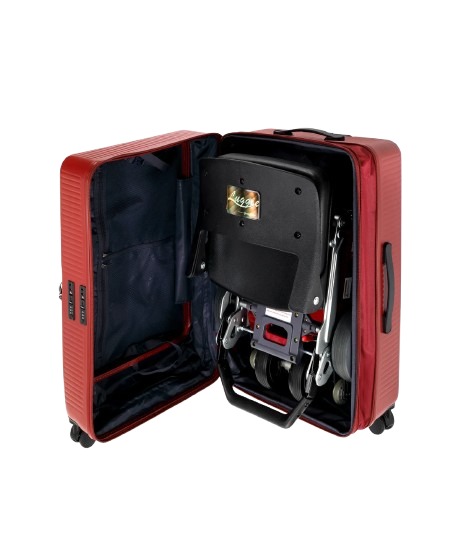 Front Centered View Of The FreeRiderUSA Luggie Suitcase Shown In The Red Color In The Opened Position
