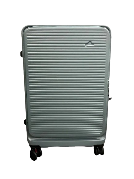 Front Centered View Of The FreeRiderUSA Luggie Suitcase Shown In The Upright Closed Position In The Gray Color