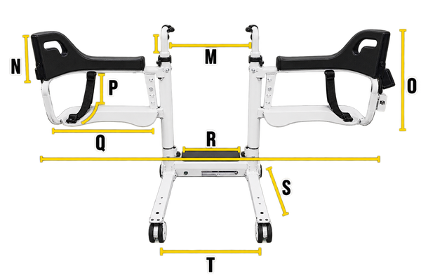 Front Centered View Of The Freedom Aqua Shower Patient Transfer Lift In The Opened Position Shown With Letters And Yellow Lines Demonstrating Its Dimensions