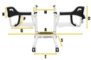 Front Centered View Of The Freedom Aqua Shower Patient Transfer Lift In The Opened Position Shown With Letters And Yellow Lines Demonstrating Its Dimensions