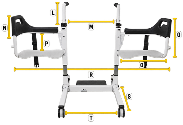 Front Centered View Of The Freedom Transfer Patient Lift Shown In The Opened Position With Letters And Yellow Lines Demonstrating Its Dimensions