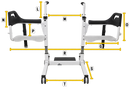 Front Centered View Of The Freedom Transfer Patient Lift Shown In The Opened Position With Letters And Yellow Lines Demonstrating Its Dimensions