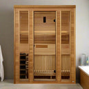 Front Centered View Of The Golden Designs Andermatt 3-Person Indoor Sauna | GDI-7030-01 Shown In An Indoor Setting